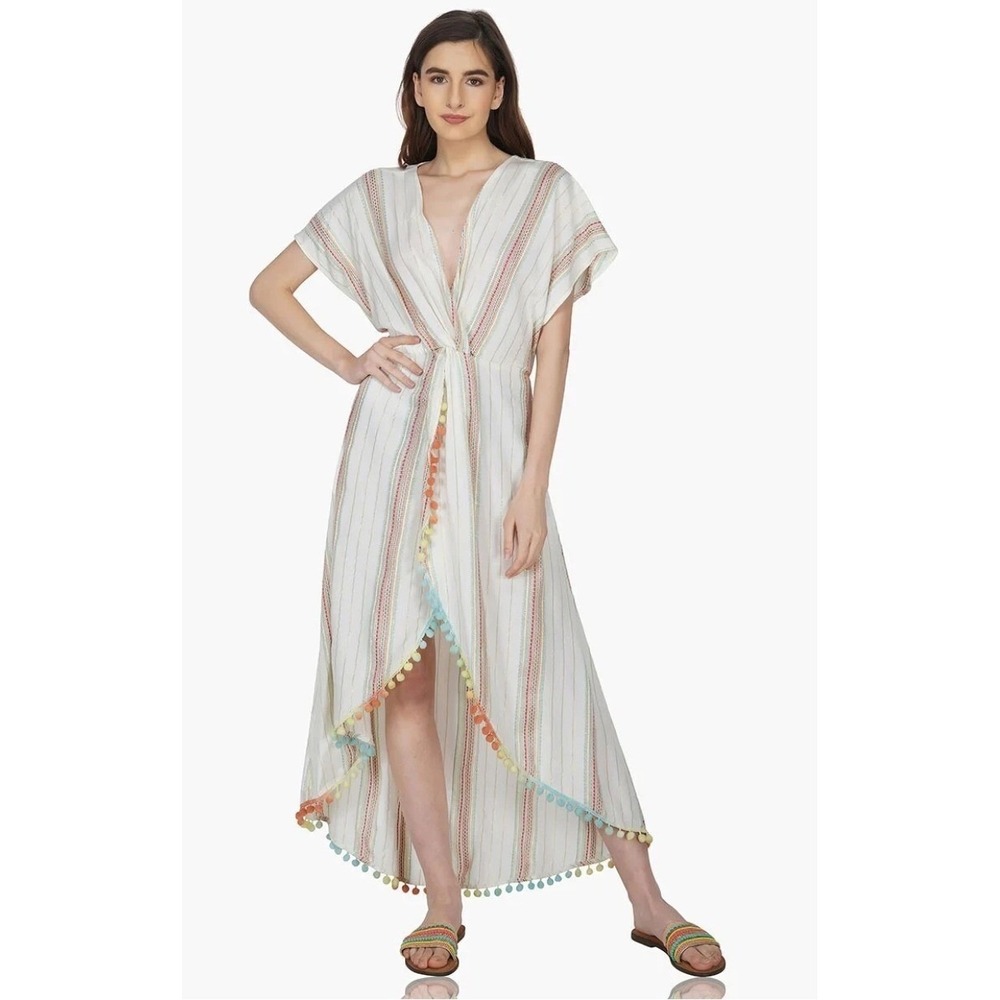 America & Beyond Swim Cover Up Women Small White Striped Pom Pom High Low